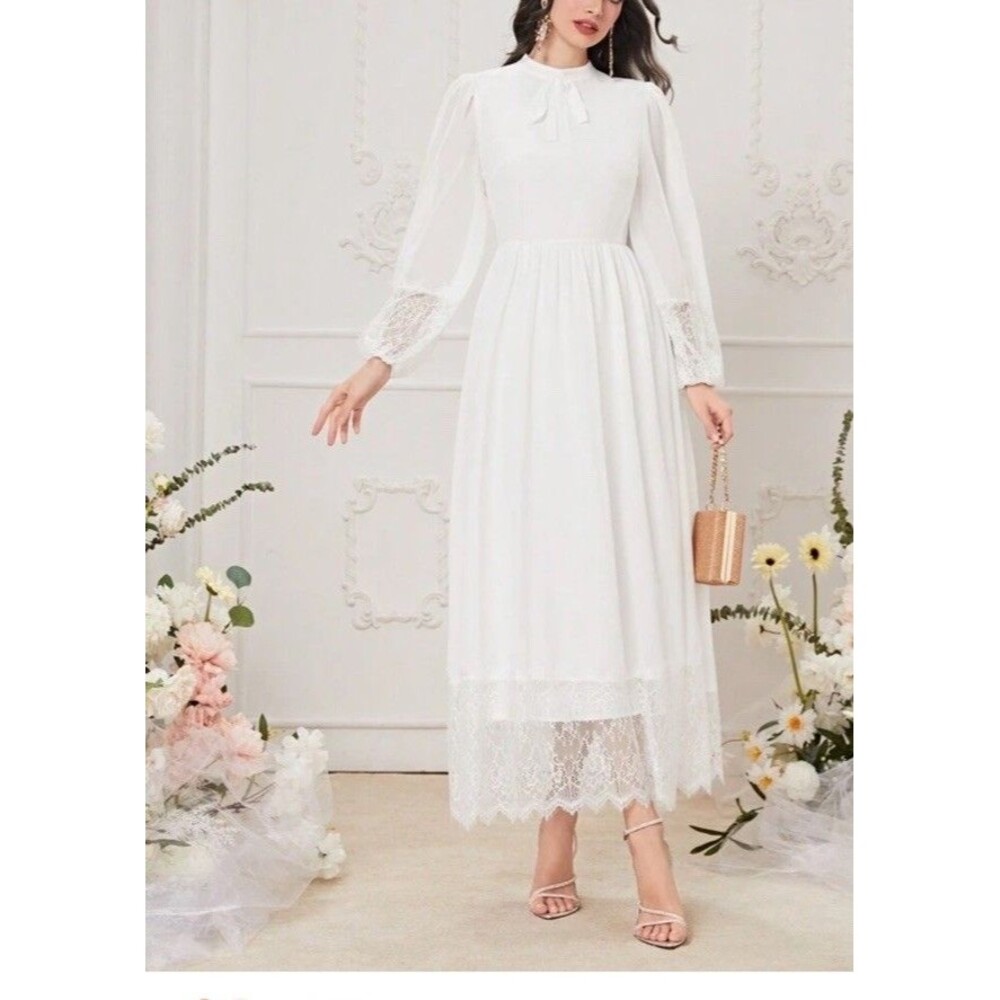 SHEIN Women Sz 12-XL White Long Sleeve Lace Maxi Dress Romantic Boho Cottagecore